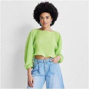 Future Collective with Gabriella Womens Long Croissant Sleeve Plisse Crop Top XS
